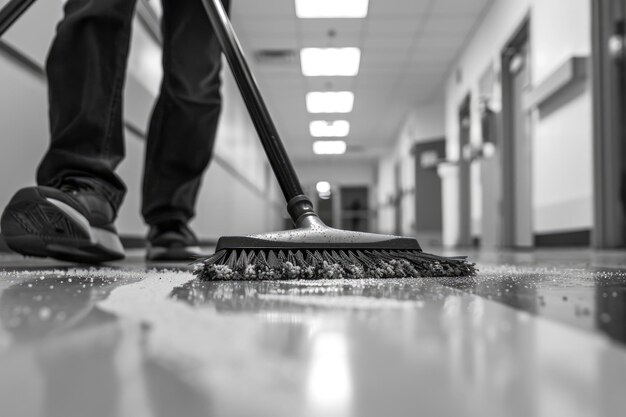 Foto een werknemer die een kantoorvloer schoonmaakt