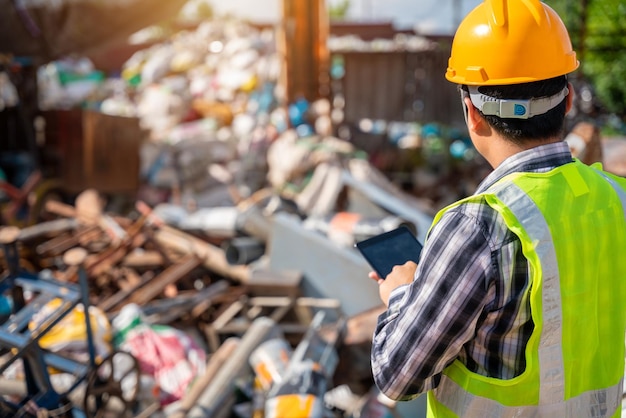 Een werknemer die een tablet vasthoudt, kijkt naar een stapel staal voor recycling in een recyclingfabriek. Afval recyclen