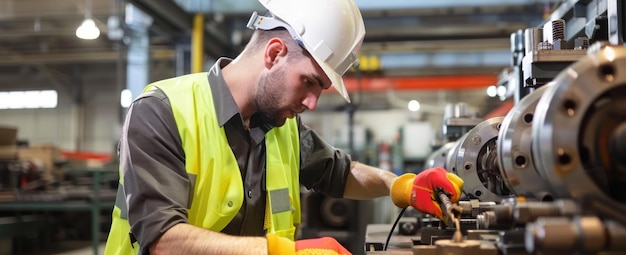 Een werknemer in een veiligheidsvest en een helm bedient een industriële machine Industriële werkzaamheden Machinerie werking veiligheidsuitrusting productieconcept