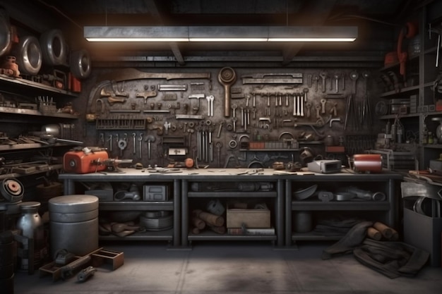 Een werkplaats met gereedschap aan de muur en een groot stuk metaal met het woord 'tool' erop