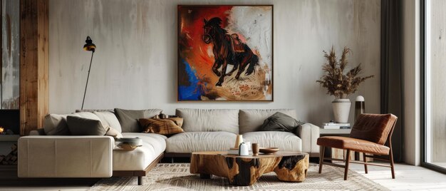 een westerse schilderij van een paard in een moderne woonkamer