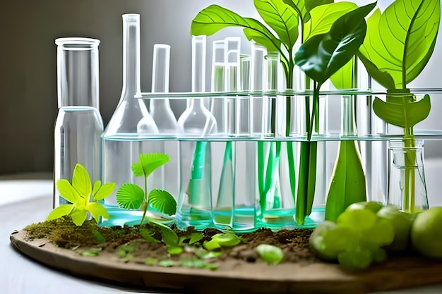 Een wetenschappelijk laboratorium met een plant in het midden