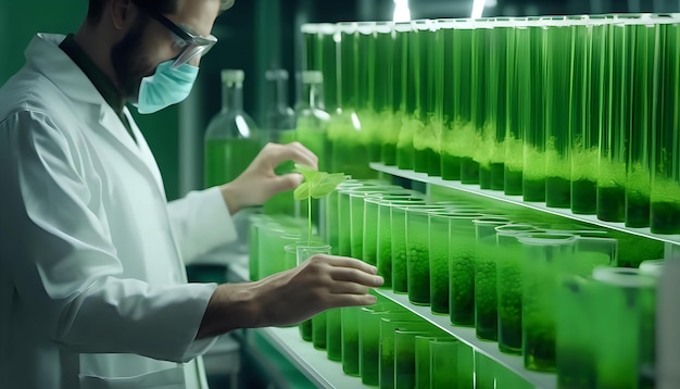 Foto een wetenschapper die experimenten uitvoert met geavanceerde algenbiobrandstofsoorten ai generativ