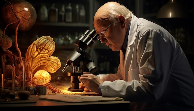 Foto een wetenschapper in een laboratoriumjas die exemplaren zorgvuldig door een microscoop in een goed verlichte laboratorium observeert