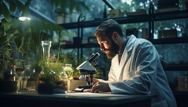 Een wetenschapper in een laboratoriumjas die exemplaren zorgvuldig door een microscoop in een goed verlichte laboratorium observeert