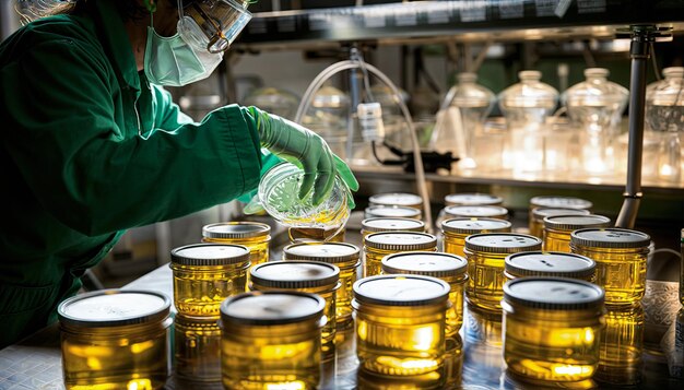 Foto een wetenschapper met handschoenen giet voorzichtig een chemische stof uit een gegradueerde cilinder in een glazen pot. de wetenschapper draagt een masker en een beschermbril en werkt in een laboratorium.