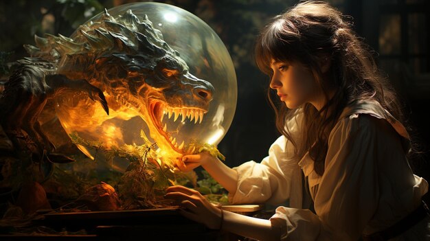 Een wetenschapper observeert haar monster in een experimentele glazen bal