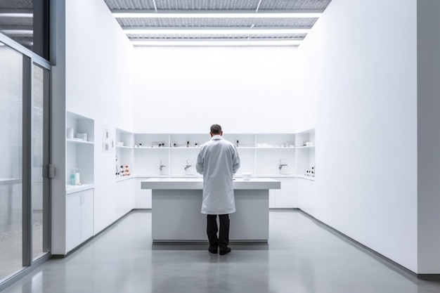 Een wetenschapper van achteren werkt in een hitech lab minimalistisch interieur