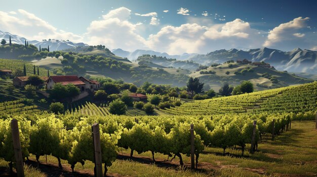Een wijngaard met een huis op de heuvel en een wijngaard op de achtergrond