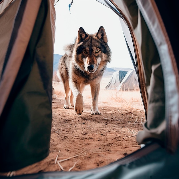 Een wilde boswolf kijkt in de deur van de tent een ongewone hoek de natuur komt het huis binnen