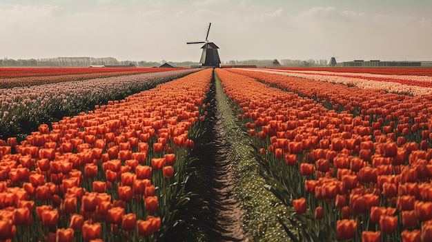 Een windmolen in een tulpenveld met een bewolkte lucht op de achtergrond.