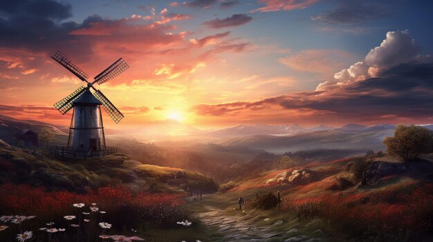 Foto een windmolen met een prachtig zonsondergang landschap gegenereerd door ai