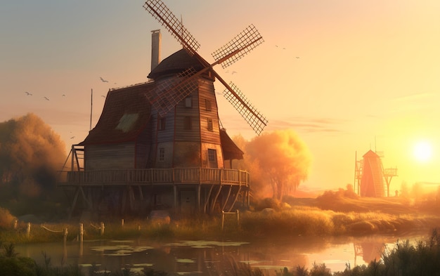 Een windmolen op een meer met een zonsondergang op de achtergrond