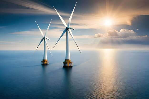 Foto een windmolenpark in de oceaan met de zon aan de horizon.