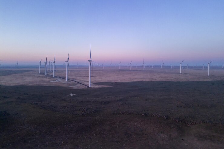 Foto een windmolenpark in de woestijn met een roze lucht zonsopgang in oregon