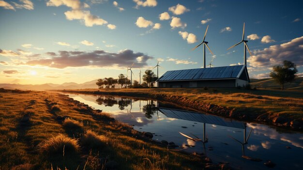 een windpark met een windmolen op de achtergrond