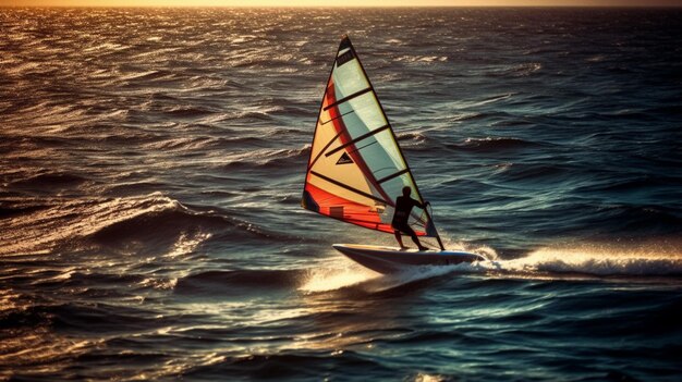 Een windsurfer die over het water glijdt