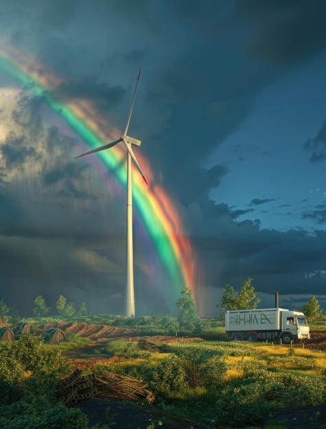 een windturbine droogt voor een regenboog