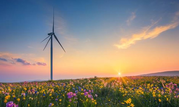 Foto een windturbine in een veld van bloemen bij zonsondergang generatieve ai