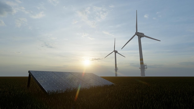 Een windturbine staat in de woestijn waar de zon op schijnt.