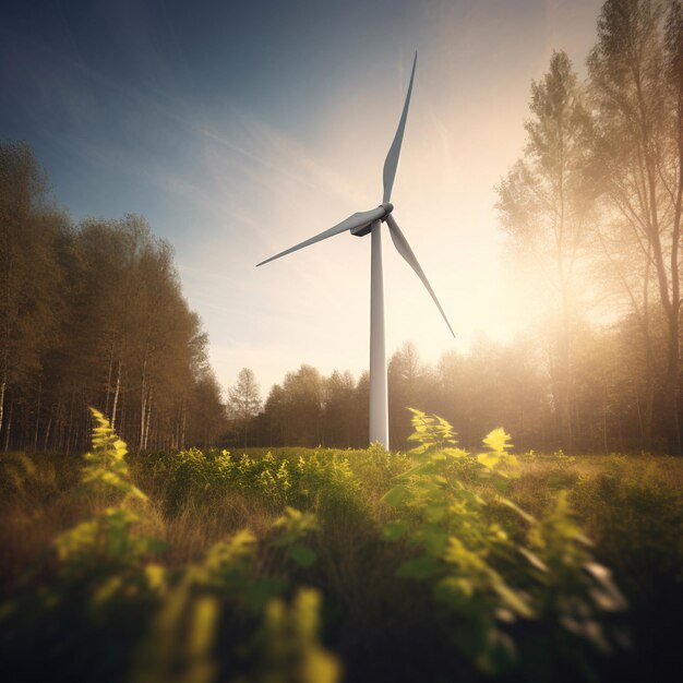 Een windturbine staat in een veld waar de zon op schijnt.