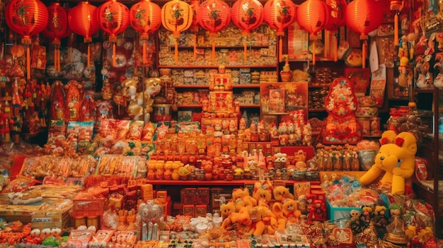 Een winkel met veel lampionnen op de achtergrond