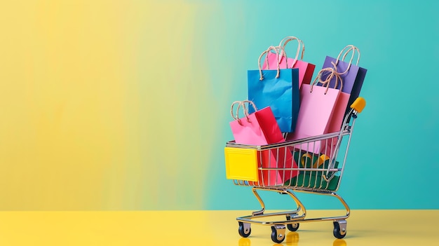Een winkelwagentje vol geschenkzakken op een gele en blauwe achtergrond