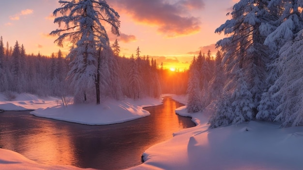 Een winterbos met een rivier bij zonsondergang
