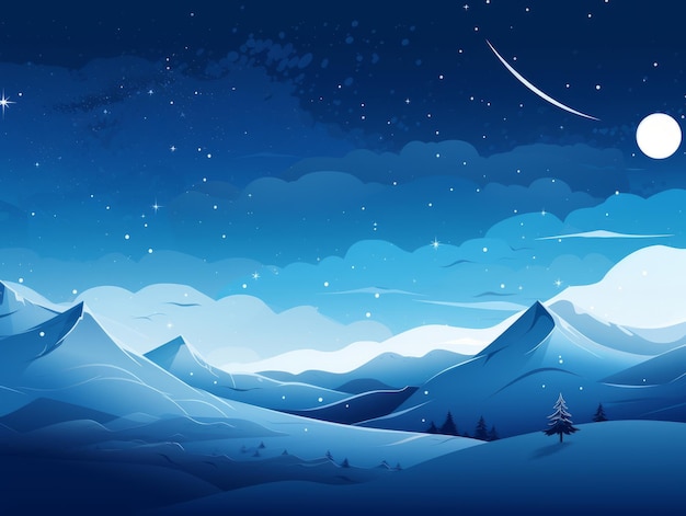 een winterlandschap met bergen bomen en een maan in de lucht