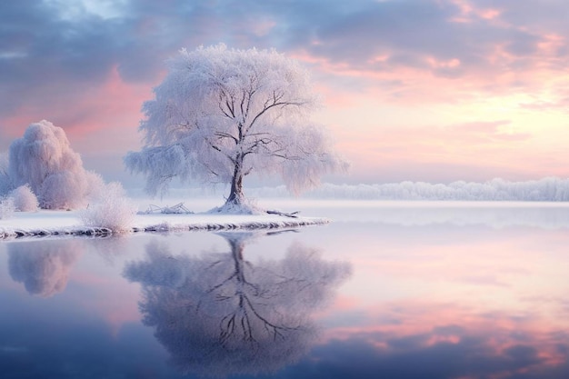 Een winterlandschap met een boom midden in het water