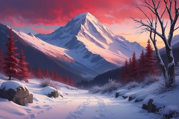 Een winterlandschap met een met sneeuw bedekt pad en een rode hemel met een berg op de achtergrond
