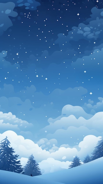 een winterlandschap met met sneeuw bedekte bomen en een hemel vol sterren