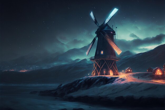 Een winternachtscène met een windturbine op een besneeuwde berg afgebeeld in digitale kunststijl Fantasieconcept Illustratie schilderij Generatieve AI