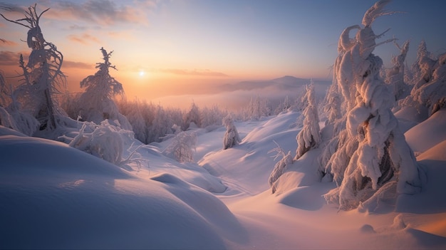 Een winters landschap met besneeuwde bomen en een zonsondergang