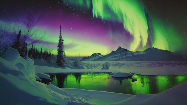 Een winters tafereel met daarboven de aurora borealis.