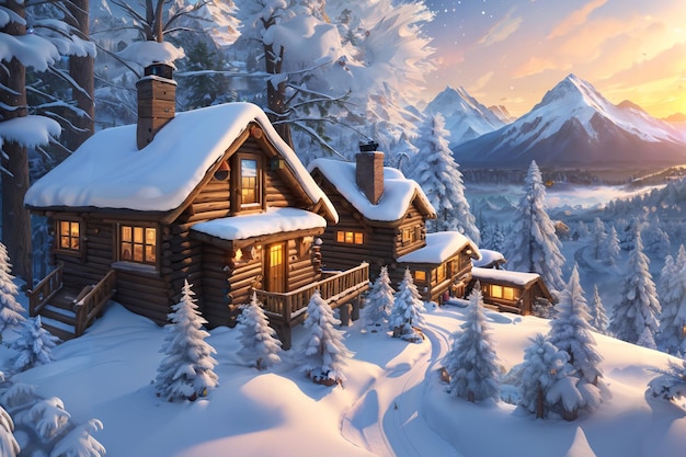 Een winters tafereel met een huis in de sneeuw