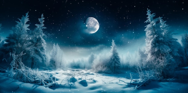 Een winters tafereel met een maan aan de hemel