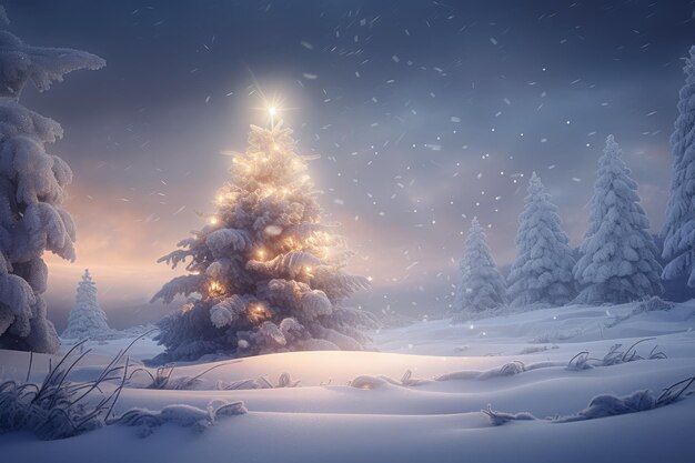 Een winters tafereel met sneeuwbanken een kerstboom en warme verlichting