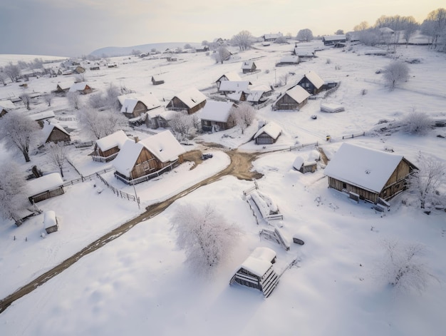 een winters tafereel van een dorp in de sneeuw.