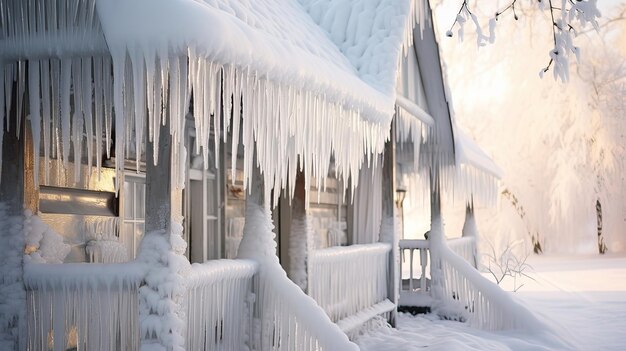 Een winterwonder dat een vleugje magie toevoegt aan de rustieke omgeving Icicles winter blokhut daken glinsterende ijzige natuur kunst rustige bevroren schoonheid gegenereerd door AI