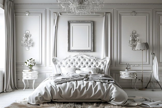 een wit bed met een wit hoofdbord en een foto van een bed met een witte kussen erop