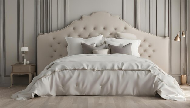 een wit bed met een witte comforter en kussens erop