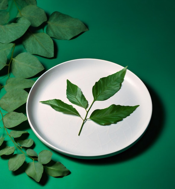 Een wit bord met groene bladeren erop die op een felgroene achtergrond zitten