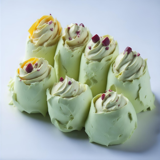 Een wit bord met groene en gele roomdesserts erop.