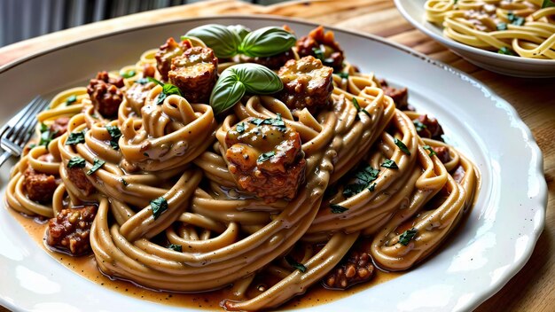 Een wit bord met pasta bovenop en bedekt met saus