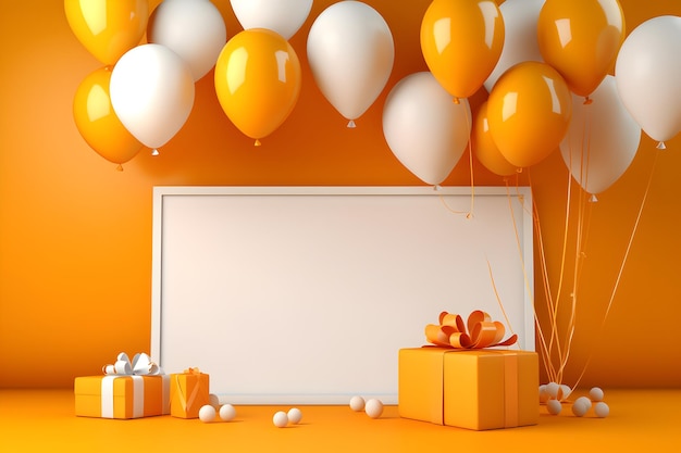 een wit bord op een gele achtergrond met cadeaus en ballonnen