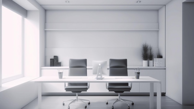 Een wit bureau met twee stoelen en een witte tafel met daarop een koffiekopje.