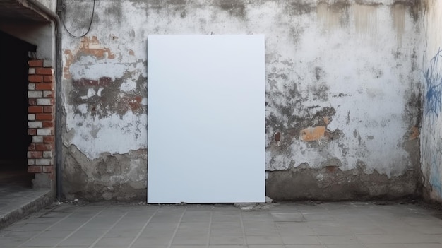 Een wit canvas hangt aan een bakstenen muur met het woord art erop.
