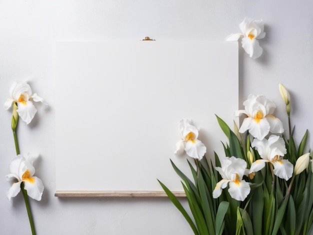 Een wit doek met een wit palet omringd door bloeiende witte irissen