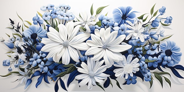 een wit en blauw bloemendisplay in de stijl van James Bullough